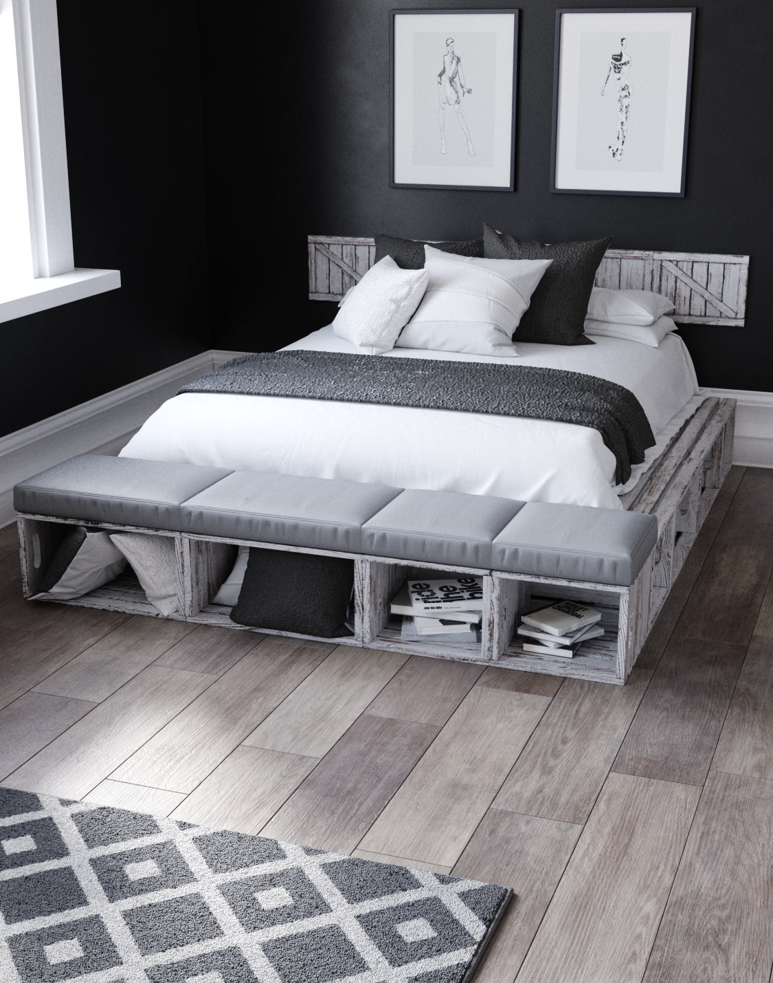 HIRST Bed with Banquette and headboard Modular And real wood furniture product
